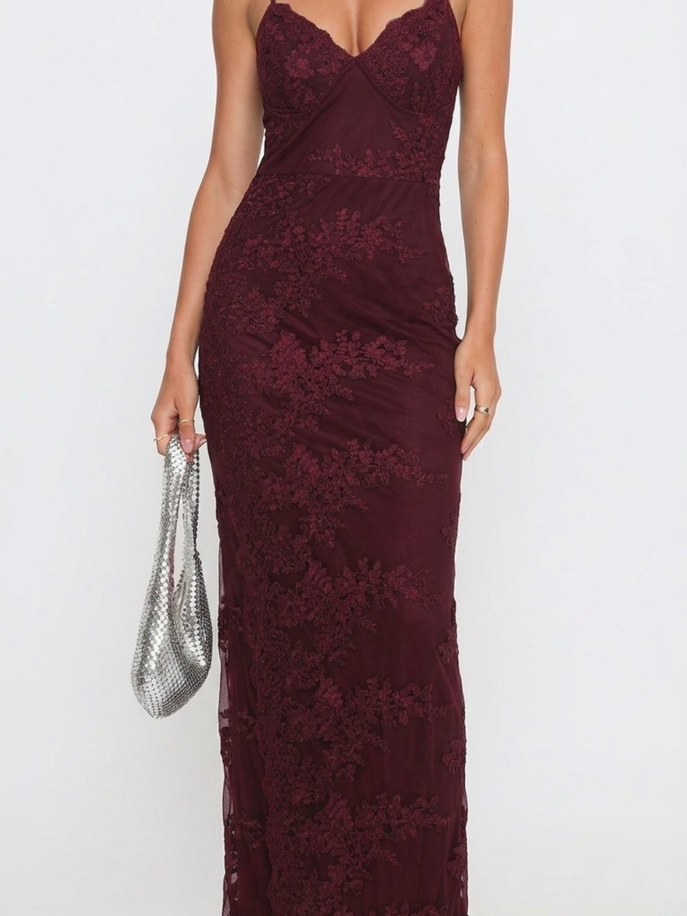 Fashion Nova Wine Lace-Trim Maxi Dress